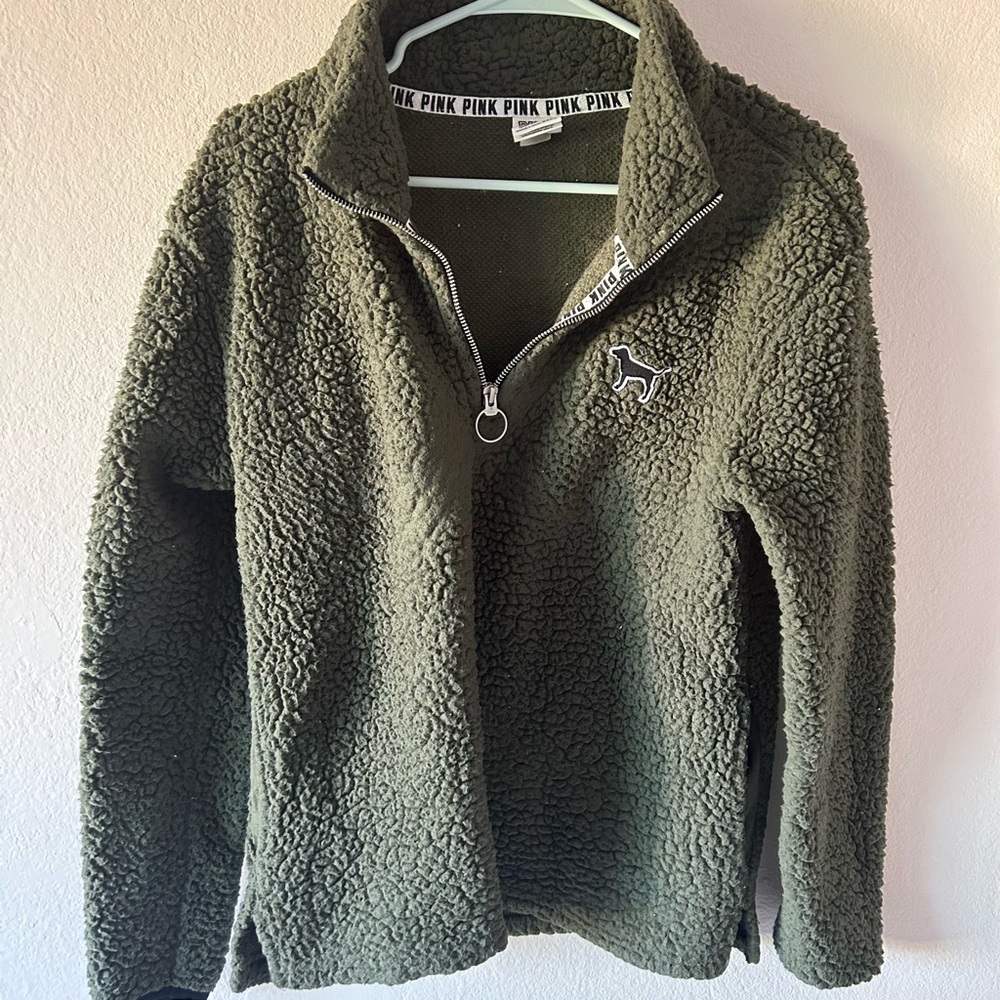 PINK Fleece Green Three Quarter Zip Pullover, Small